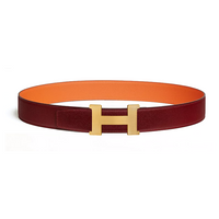HERMES Calfskin Stainless Steel Rubber Leather Belts Men's Red/Orange Width: 3.8CM