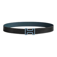 HERMES Calfskin Leather Belts Men's Black/Prussian Blue Width 3.2CM