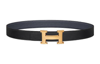 HERMES Versatile Light Gold Buckle Togo Calfskin Double-Sided Leather Belt Women's Black/Dark Blue Width: 3.2cm