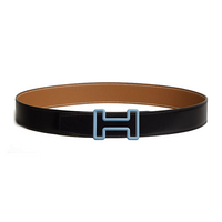 HERMES Calfskin Palladium Plated Leather Belts Men's Black/Brown Width  3.8CM