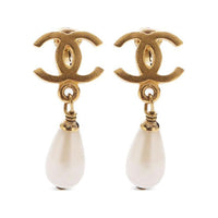 CHANEL 1995 Plated Cc Faux Pearl Drop Clip On Earrings Costume Earrings