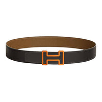 HERMES Calfskin Leather Belts Men's Black Width 3.8CM