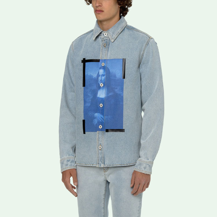 Off-White SS21 Printing Pattern lapel Long Sleeves Denim Shirt Blue OMYD027R21DEN0014001