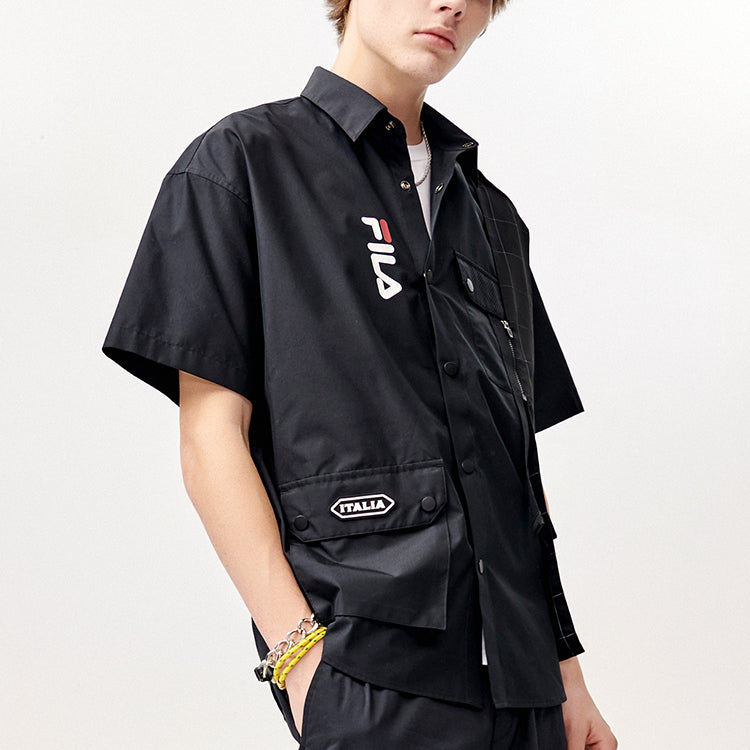 Men's FILA FUSION Multiple Pockets Splicing Short Sleeve Shirt Black T11M123403A-BK