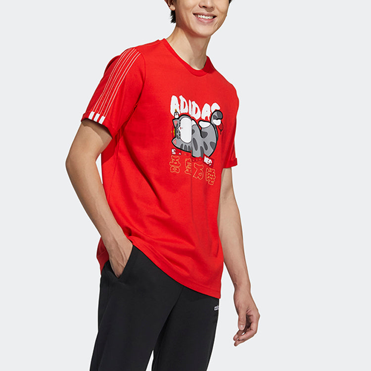 adidas neo x Crossover M Cny Ww Tee Sports Cartoon Printing Pattern Round Neck Short Sleeve Red GP5745