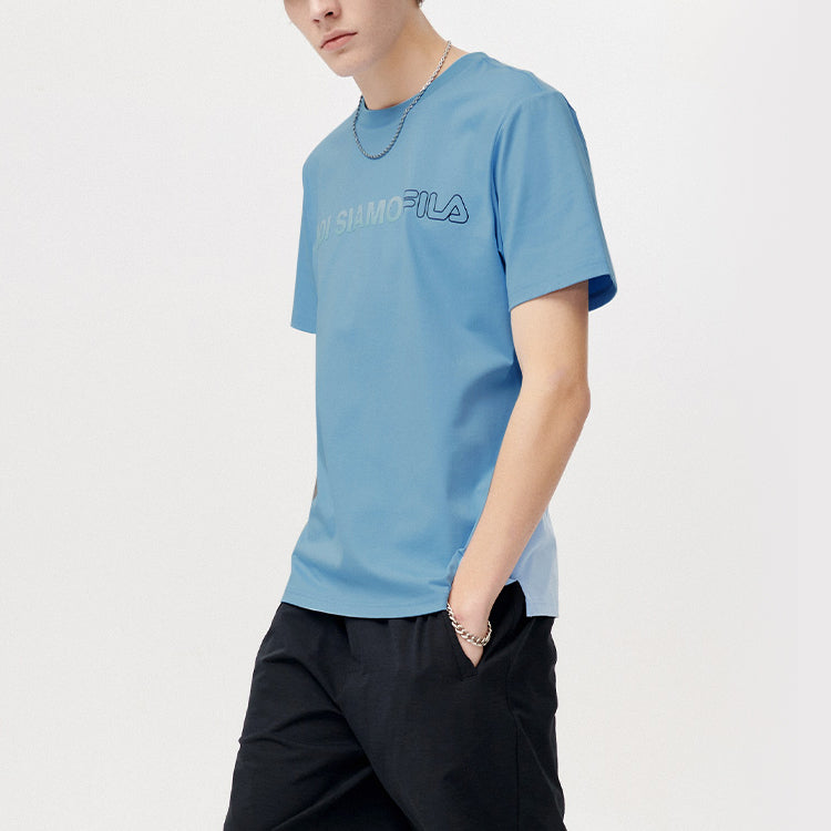 Men's FILA FUSION Alphabet Logo Printing Sports Knit Short Sleeve Blue T11M121114F-DB