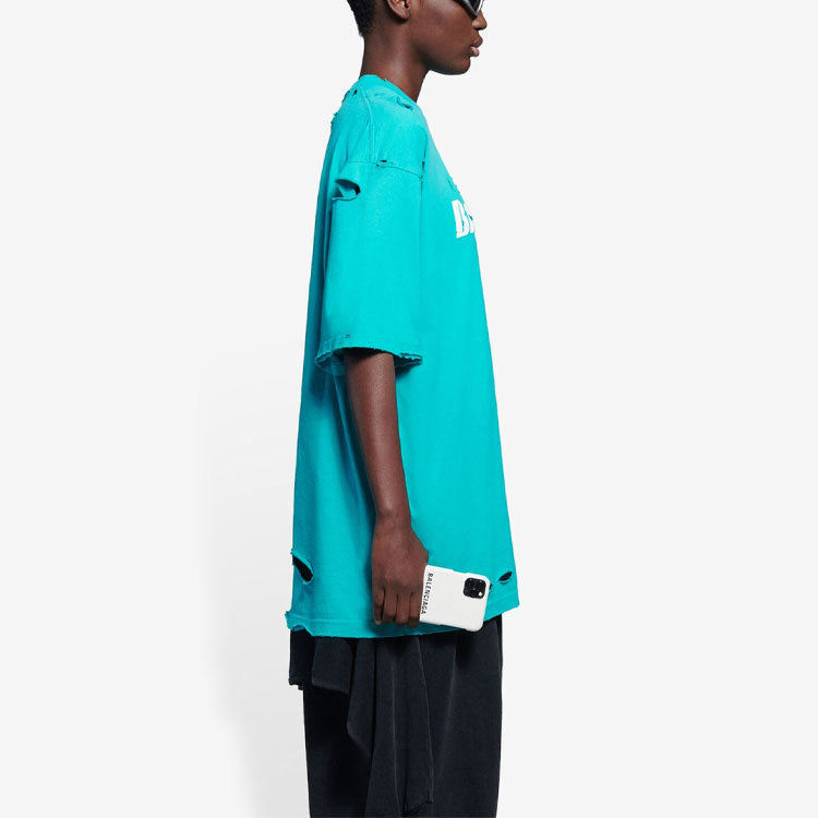 Men's Balenciaga SS21 Alphabet Printing Pattern Hole Round Neck Short Sleeve Green 651795TKVB84661