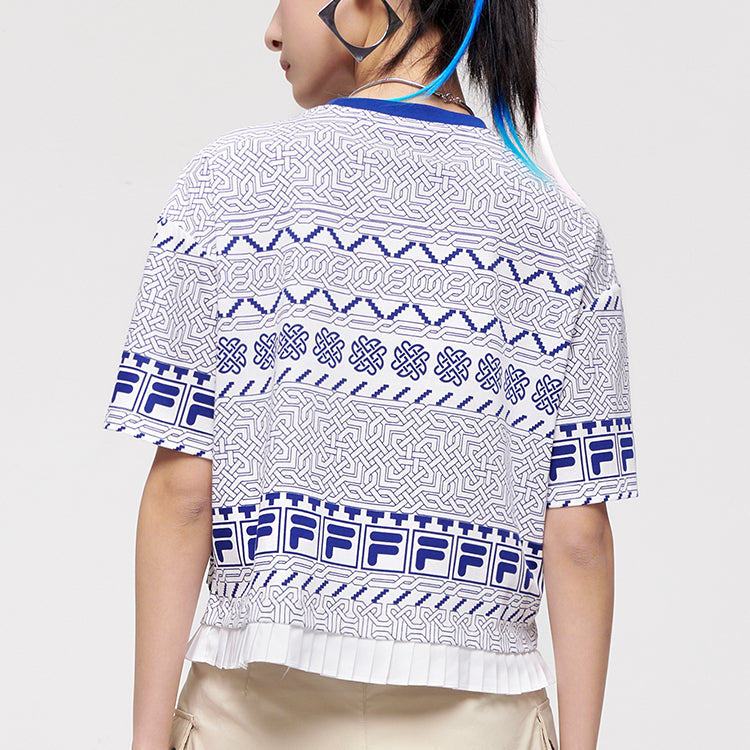FILA FUSION x WM White Crossover Printing Loose Round Neck Short Sleeve Blue Totem T-Shirt T11W127104F-WT