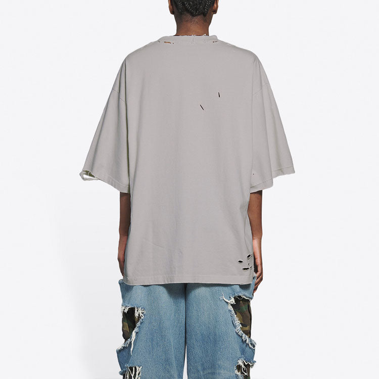Men's Balenciaga Mosaic Logo BB Alphabet Loose Hole Distress Short Sleeve Gray 651795TKVF58174
