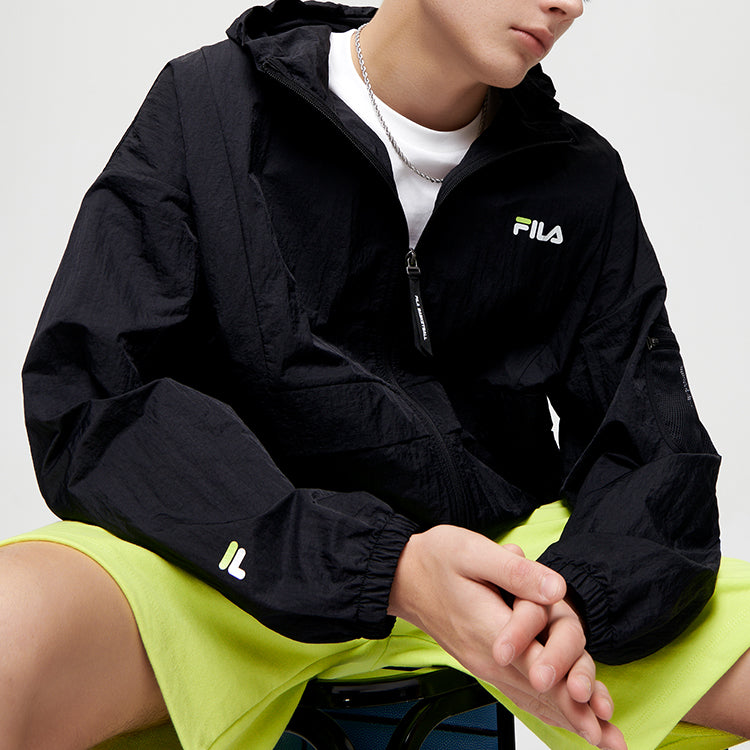 Men's FILA FUSION Thin and light Woven Loose Hooded Jacket Black T11M125704F-BK