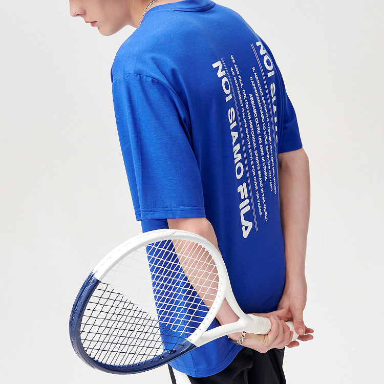 Men's FILA FUSION Alphabet logo Printing Sports Loose Round Neck Short Sleeve Ocean Blue T11M121105F-NV