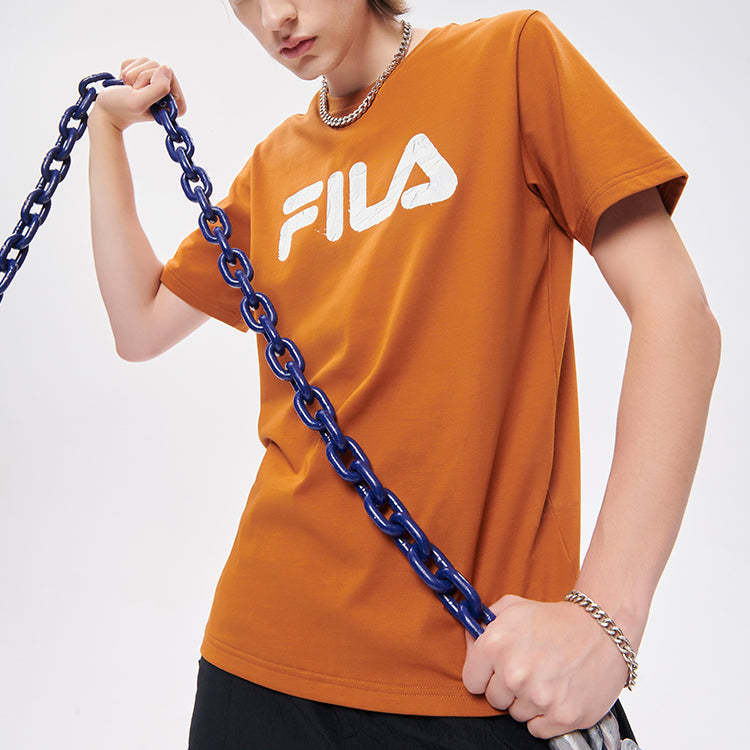 Men's FILA FUSION Rock Logo Printing Sports Short Sleeve Brown T-Shirt T11M133105F-DR