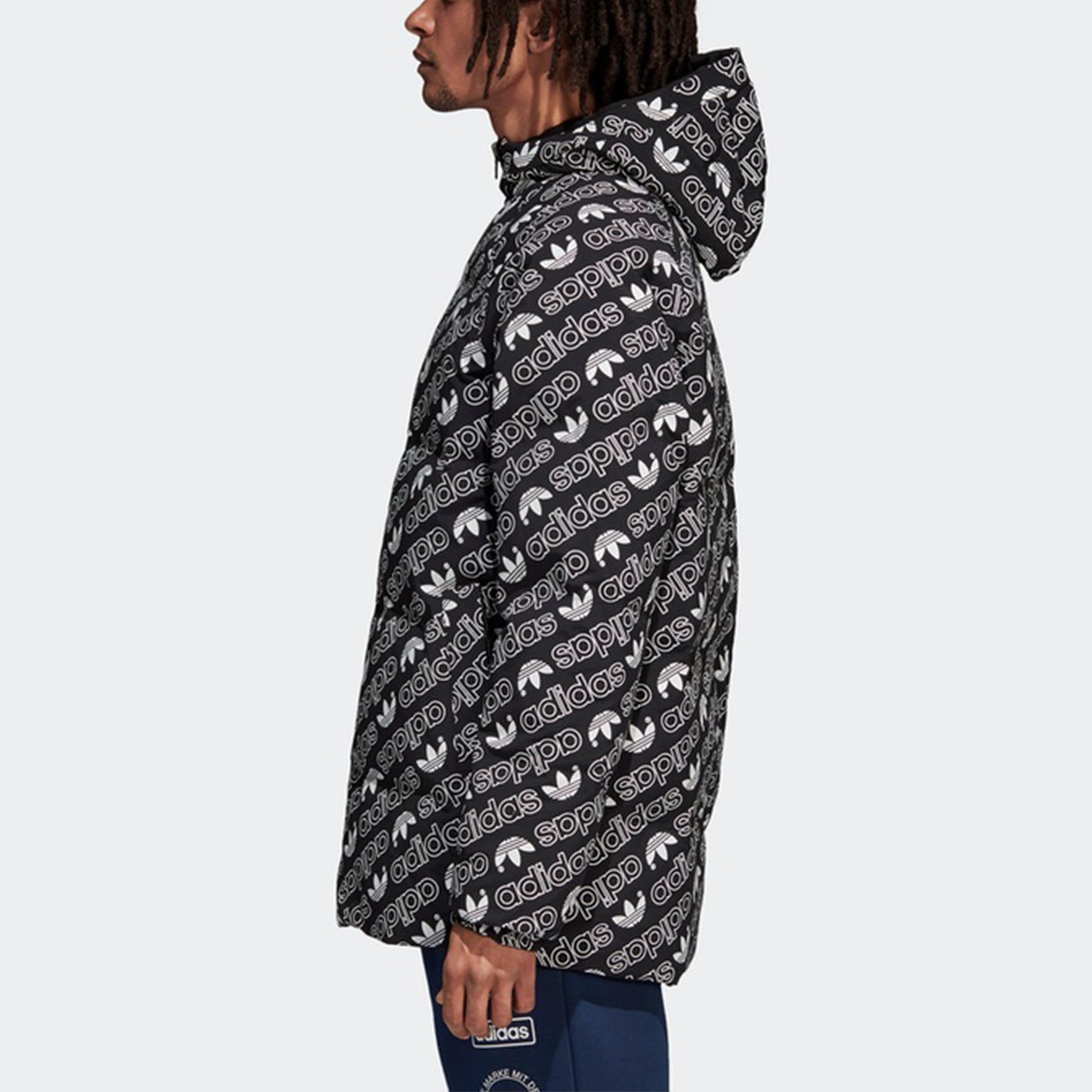 adidas originals Monogram JKT Full Print logo Reversible Stay Warm hooded down Jacket Black White DP8561