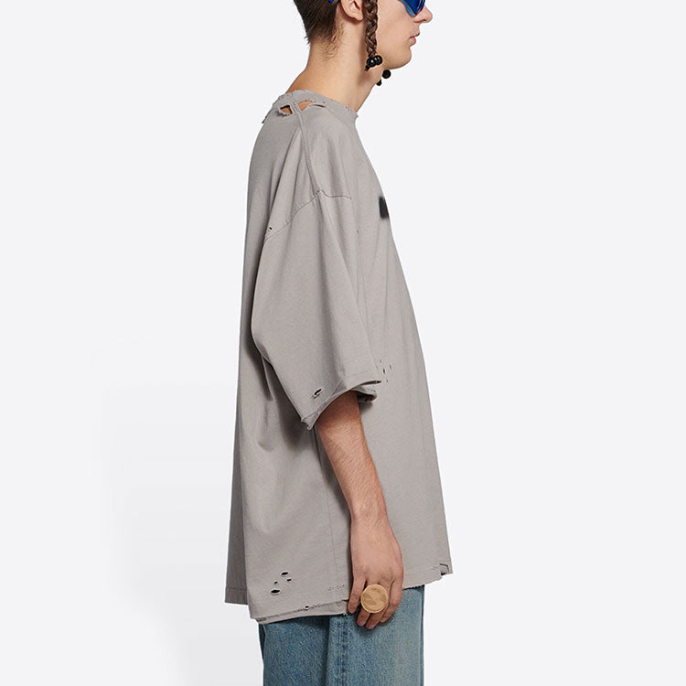 Balenciaga Solid Color Alphabet Printing Hole Round Neck Short Sleeve Unisex Gray 661715TKVD58174