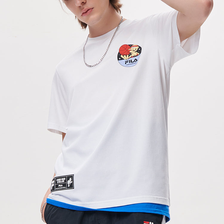Men's FILA FUSION Cartoon Basketball Sports Printing Round Neck Short Sleeve White T11M135108F-WT