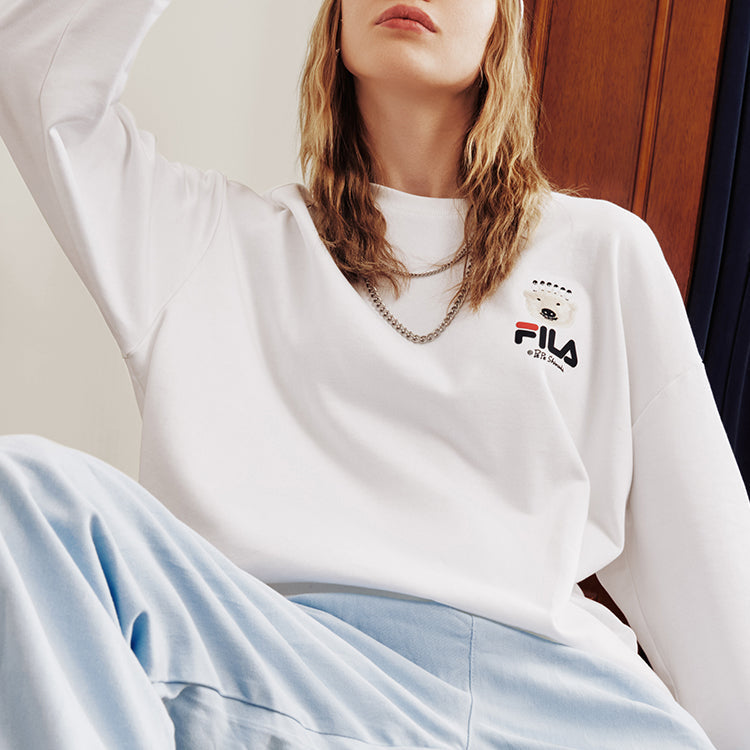 Men's FILA x Pepe Shimada Crossover Cartoon Printing Sports Round Neck Pullover White F11M133297F-WT
