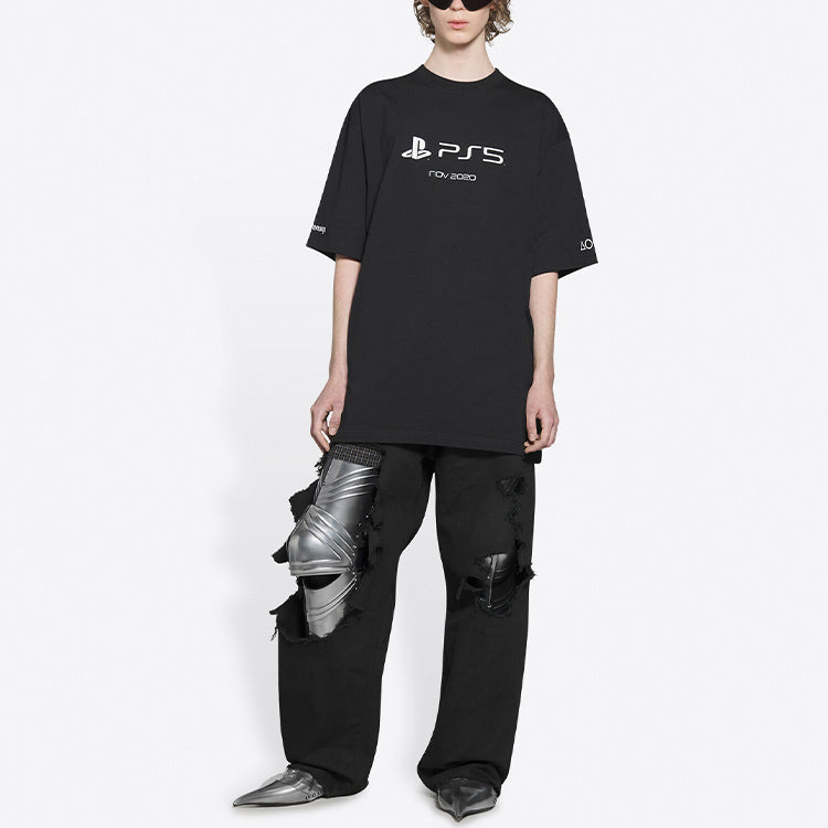 Balenciaga x PlayStation Crossover Ps5 Alphabet Geometry Pattern Printing Short Sleeve Unisex Black 651795TKVF31070