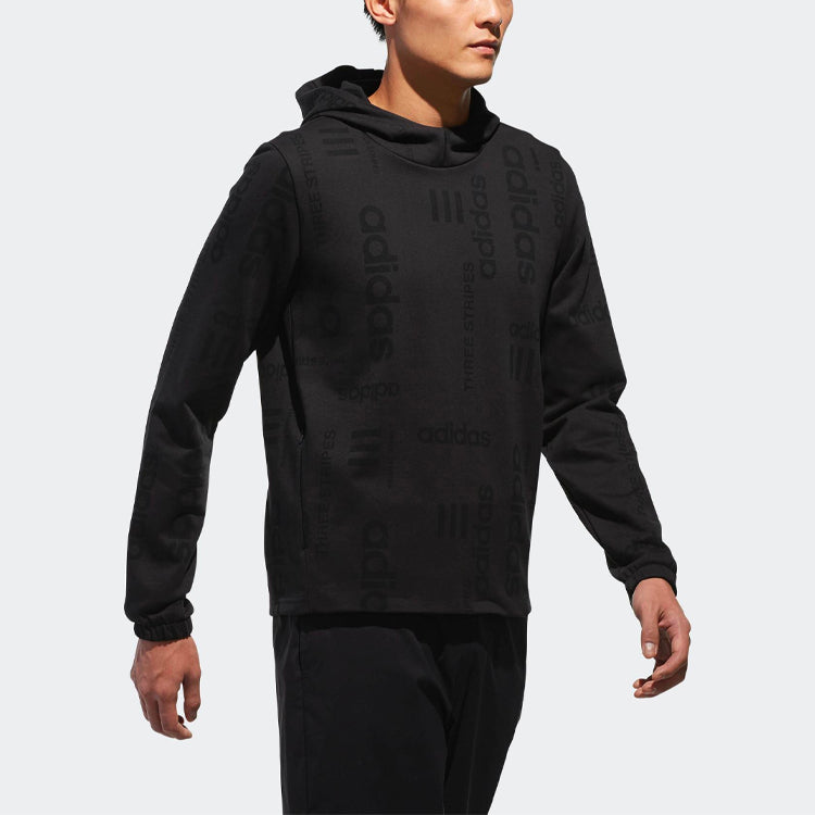 Men's adidas neo Full Print Logo Sports Pullover Hooded Knit Black CV7570