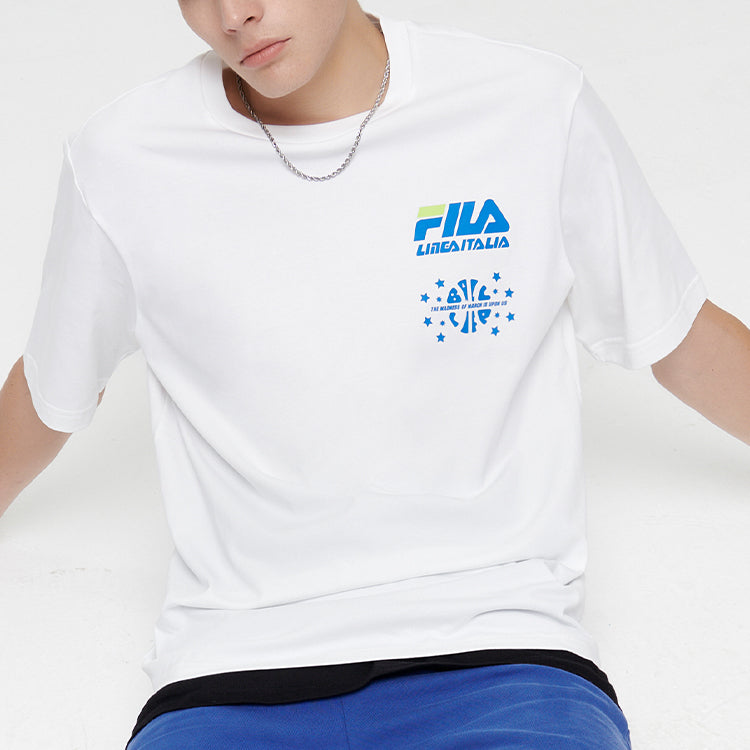 FILA FUSION Back Printing Loose Sports Round Neck Short Sleeve Couple Style White T81U125104A-WT