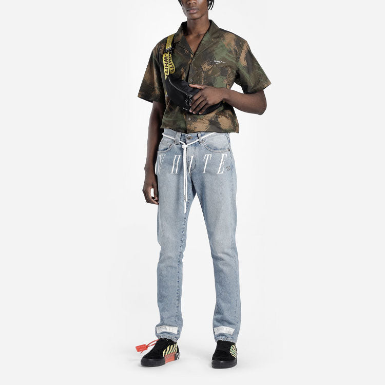 Men's Off-White Camouflage Printing Short Sleeve Green Shirt OMGA049E19E220189901