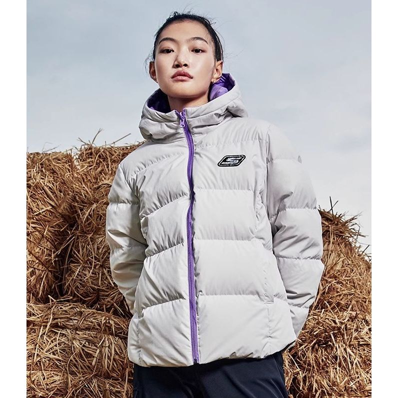 (WMNS) Skechers Lightweight Warm Reversible Down Jacket 'Black Grey Purple' P421W048