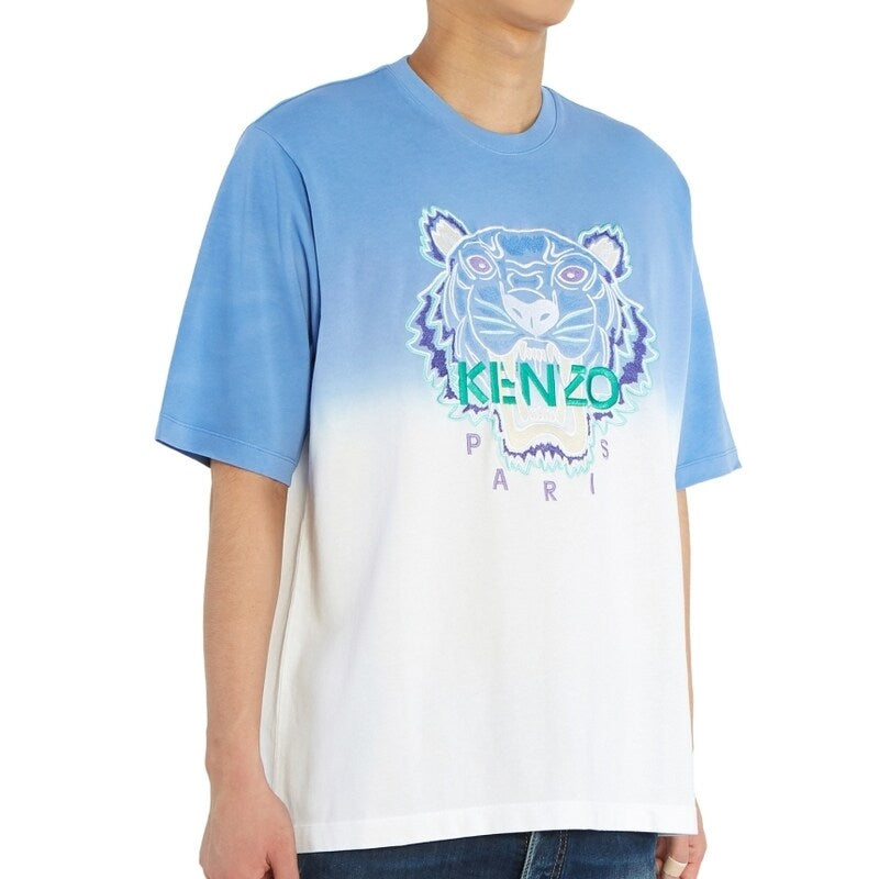 Men's KENZO Gradient Embroidered Round Neck Short Sleeve Blue White FA55TS5014YG-65