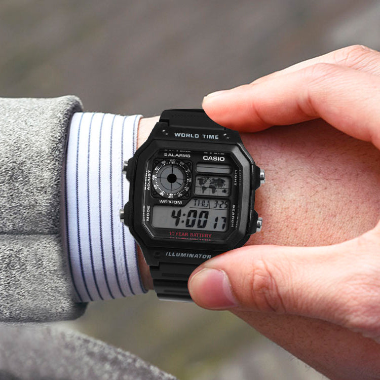 CASIO G Shock Quartz Sports Waterproof Unisex Mens Black Digital AE-1200WH-1A