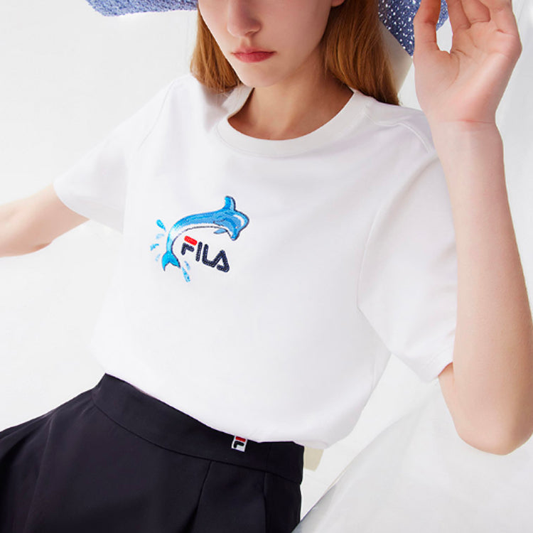 (WMNS) FILA Dolphin Pattern Sports Round Neck Short Sleeve White F11W128119F-WT