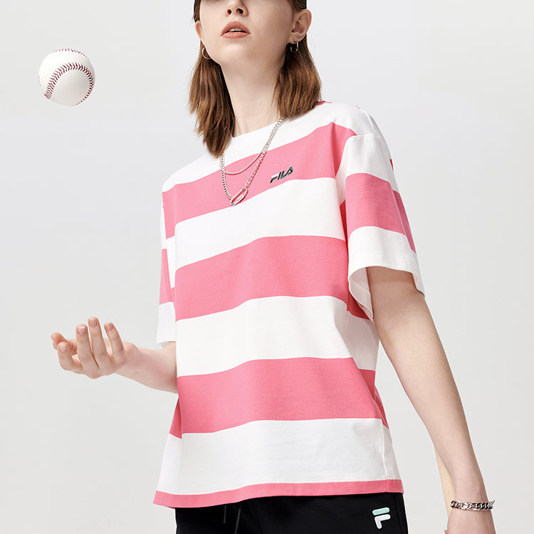 FILA FUSION Contrasting Colors Stripe Round Neck Loose Short Sleeve Pink White Colorblock T11W122113F-WT