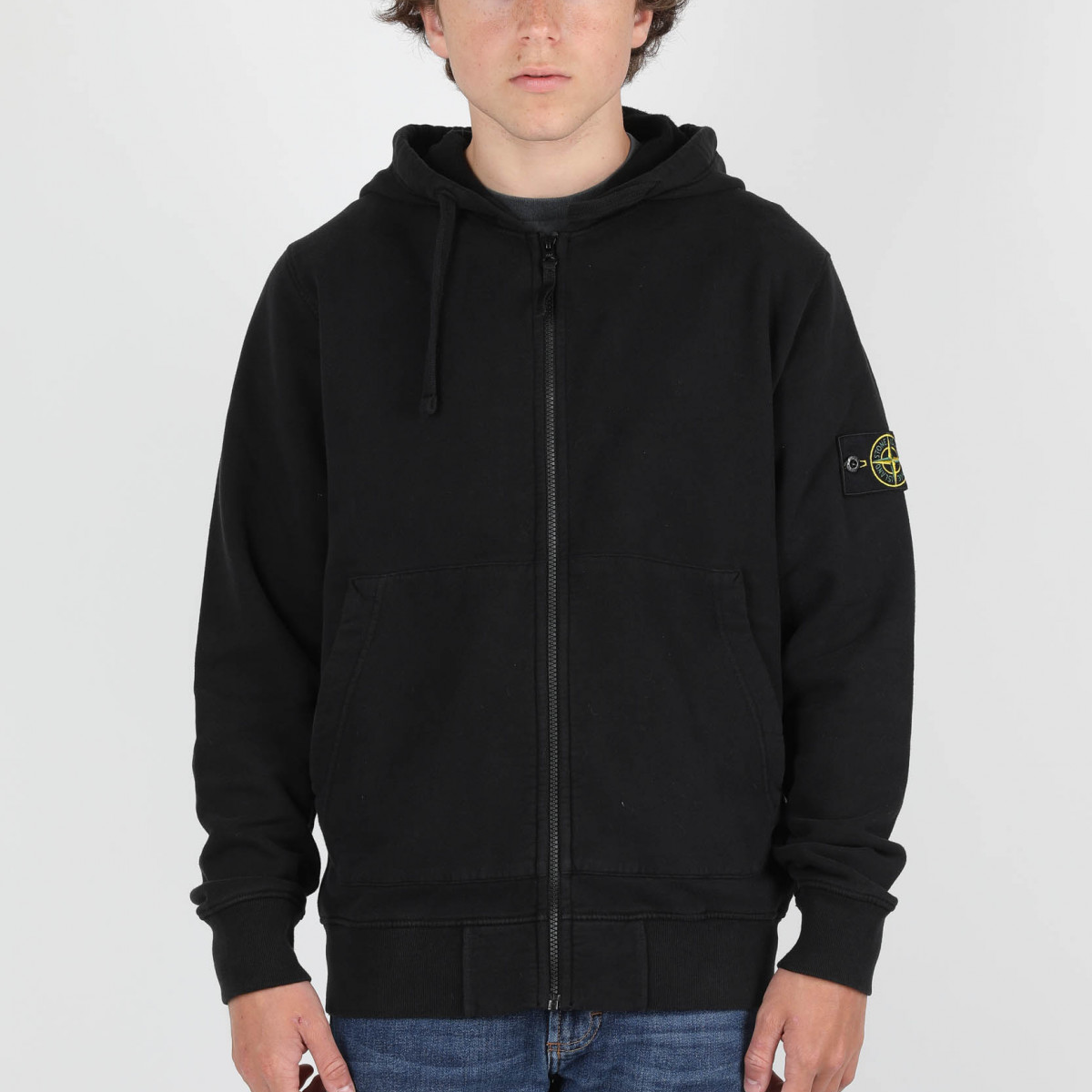 Men's STONE ISLAND Sleeve Logo Zipper Classic hooded Cardigan Black 731564220-V0029