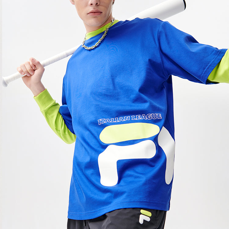 Men's FILA FUSION Contrasting Colors Logo Round Neck Sports Short Sleeve Blue T11M122114A-BU
