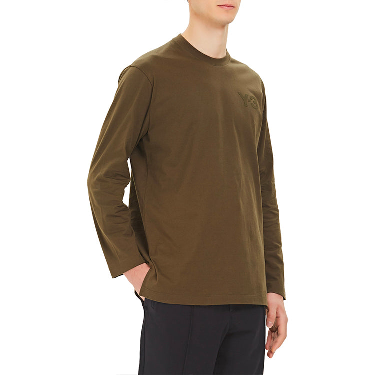 Men's Y-3 Logo Pattern Loose Round Neck Long Sleeves Khaki T-Shirt GV4120