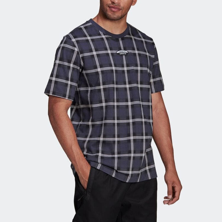 Men's adidas Plaid Casual Round Neck Pullover Short Sleeve Japanese Version Blue T-Shirt HC9495