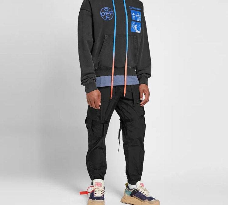 Men's Off-White Graphic Printed Drawstring Printing Hooded Long Sleeves Dark Grey OMBB037F19E300091030