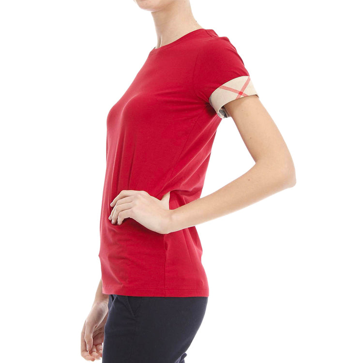 Burberry Cuff Plaid Round Neck Short Sleeve Red 38869511
