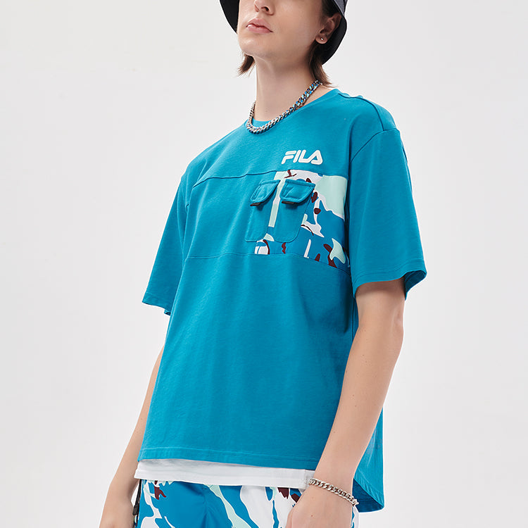 Men's FILA FUSION Pocket Patchwork Print Loose Sports Round Neck Short Sleeve Green T11M133107F-BU