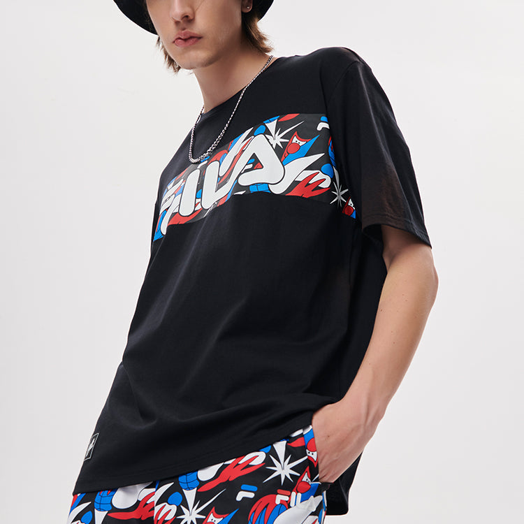 Men's FILA FUSION Contrasting Colors Logo Printing Basketball Sports Loose Short Sleeve Black T11M135106F-BK