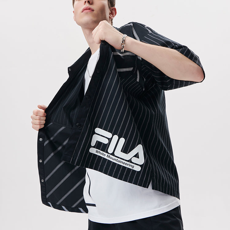 Men's FILA FUSION x White Mountaineering Crossover Stripe Splicing Short Sleeve Sports Black Shirt T11M137401F-BK
