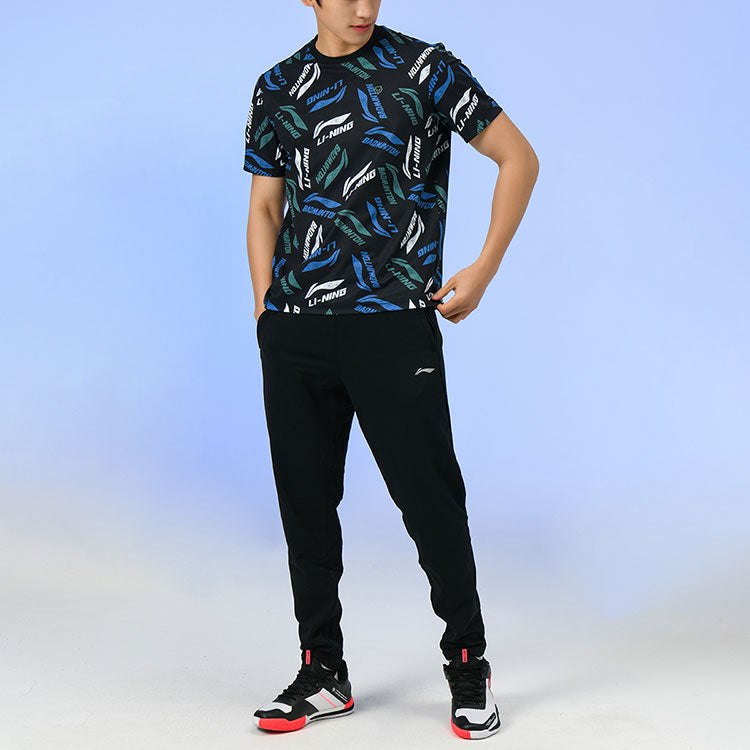 Li-Ning Badminton Series Full Print Logo Quick Dry Round Neck Short Sleeve Black AHSR867-2