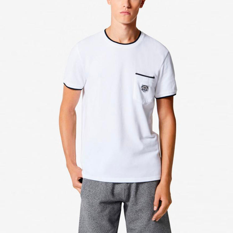 Men's KENZO SS21 Small Tiger Head Embroidered Pocket Round Neck Short Sleeve White F755TS0014BA-01