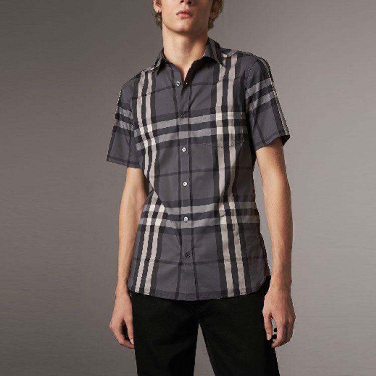 Men's Burberry Plaid Short Sleeve Shirt Gray 40039351