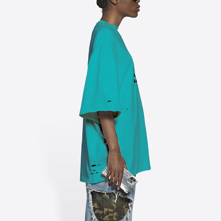 Balenciaga Mosaic Logo BB Alphabet Loose Hole Distress Short Sleeve Unisex Blue 651795TKVF53660