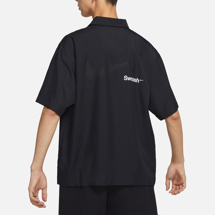 Men's Nike SWOOSH Chest Brand Logo Limited Lapel Solid Color Short Sleeve Black Shirt DX6308-010