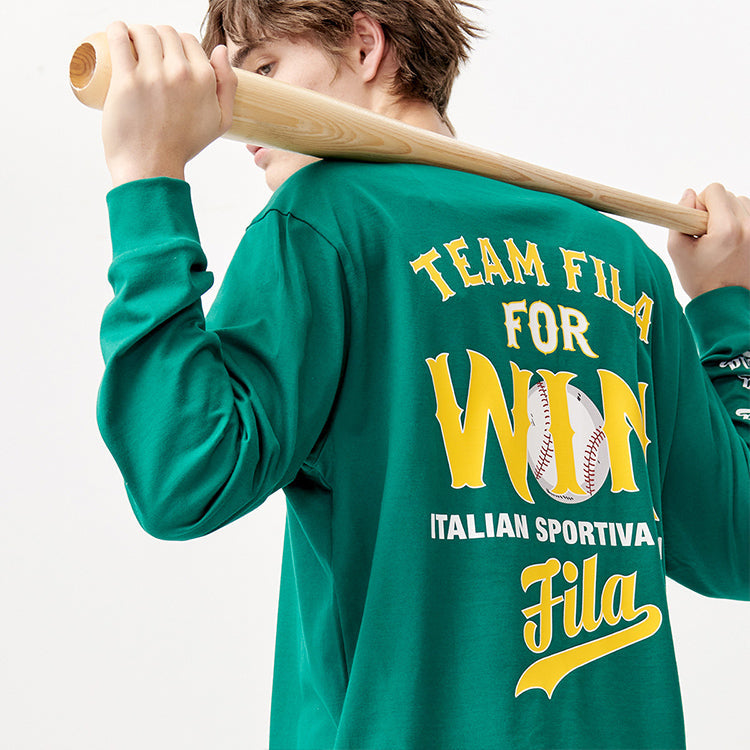 Men's FILA FUSION Back Alphabet Printing Loose Round Neck Long Sleeves Green T11M122201F-DG