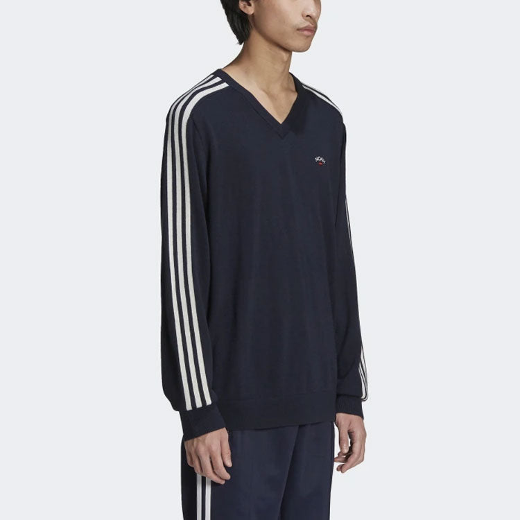 Men's adidas originals x NOAH Crossover V-neck Embroidered Logo Side Stripe V Neck Wool Sweater Legendary Ink Blue HC4303