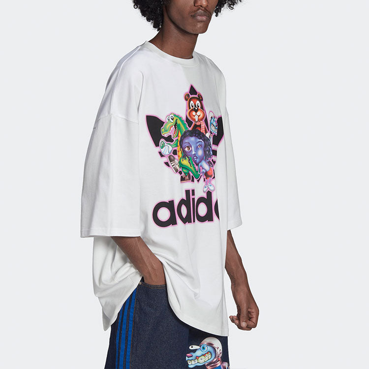 Men's adidas originals x Kerwin Frost Crossover Cartoon Printing Loose Round Neck Short Sleeve White T-Shirt HB2964