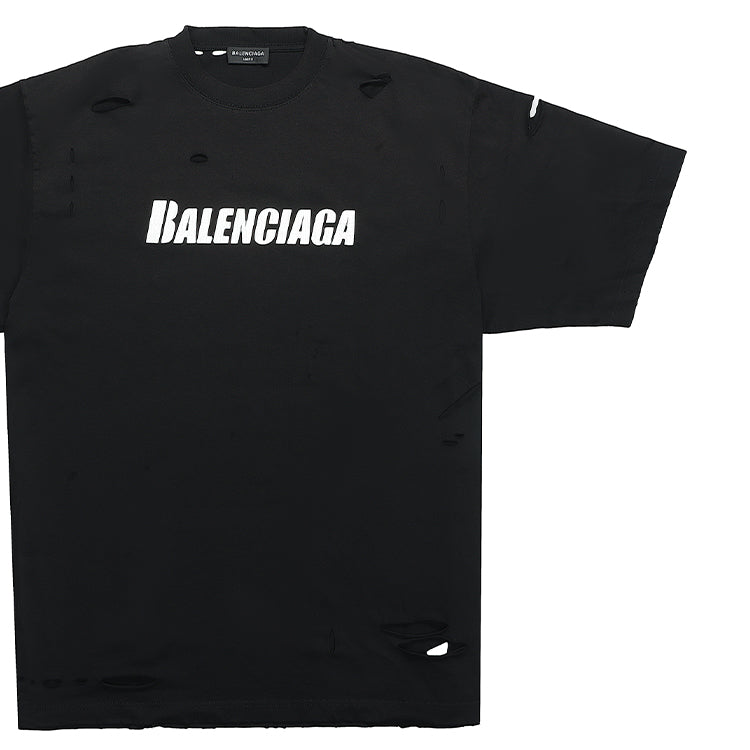 Men's Balenciaga SS21 Alphabet Printing Pattern Hole Round Neck Short Sleeve Black 651795TKVB81070