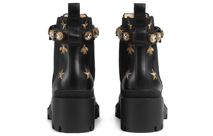(WMNS) Gucci Stars and Bee Embroidered Leather Ankle Boot With Belt 'Black' 557735-AYO10-1000
