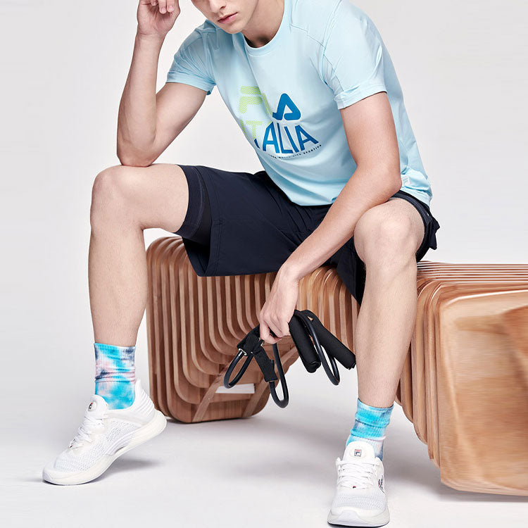 Men's FILA Athletics Logo Printing Sports Pullover Round Neck Short Sleeve Blue T-Shirt A11M121106F-LB