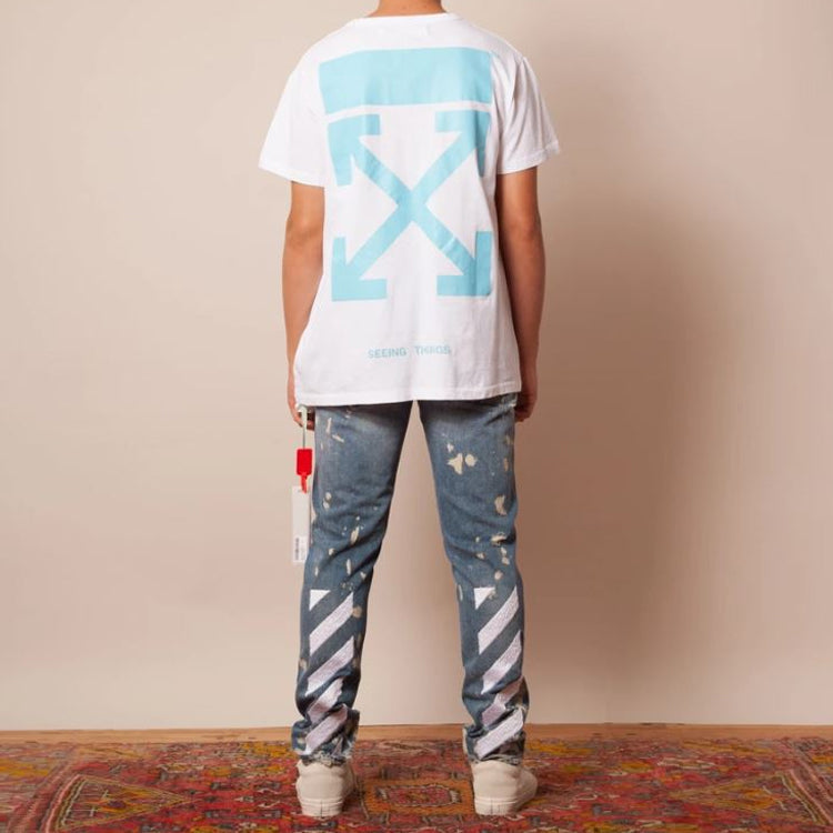 Off-White Blue Slogan Arrow Short Sleeve White OMAA002F171850750131